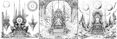Intricate fantasy thrones surrounded by celestial elements and mythical motifs in a mystical landscape