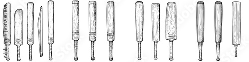 Variety of vintage cricket bats displayed in a row, showcasing craftsmanship and design from past eras