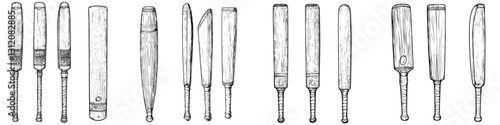 Historical wooden cricket bats displayed in various styles and sizes for sport enthusiasts at a museum exhibit