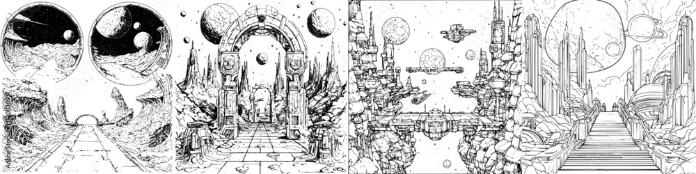 Obraz premium Intergalactic landscape featuring futuristic architecture and celestial bodies in a surreal cosmic environment