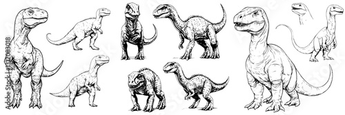 Detailed dinosaur sketches showcasing various species and poses in a dynamic arrangement from natural history illustration