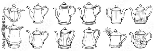 Various teapots displayed in a row showcasing unique designs and styles in black and white illustration