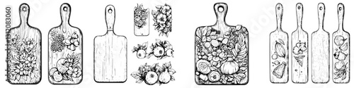 Detailed sketches of wooden cutting boards adorned with fruits and flowers in a natural setting