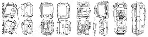 Detailed design sketches of rugged handheld devices arranged in various orientations