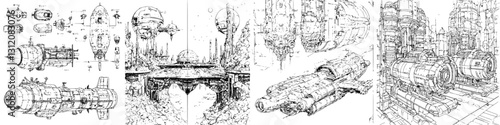Detailed sketches of futuristic spacecraft and habitats highlighting space exploration concepts