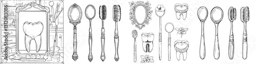 Unique illustration of dental tools and a tooth in a vintage style setting showcasing oral hygiene items