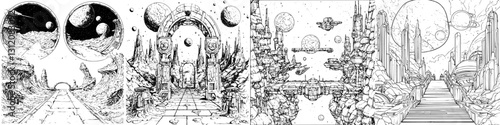 Intergalactic landscape featuring futuristic architecture and celestial bodies in a surreal cosmic environment