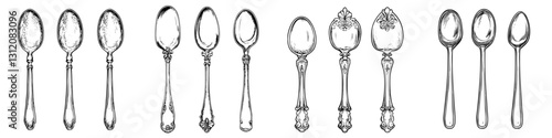 Collection of vintage silver spoons displayed in a row showcasing different designs and sizes, perfect for collectors or culinary enthusiasts
