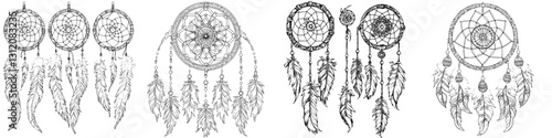Decorative dreamcatchers with intricate designs and feathers displayed in a creative arrangement