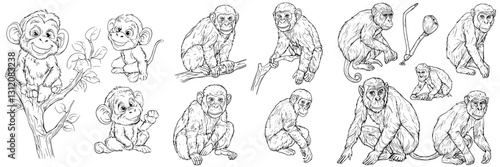Diverse illustrations of monkeys showcasing various poses and activities in a playful and engaging manner