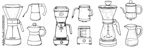 Various coffee brewing devices displayed together on a simple background demonstrating diverse methods of preparing coffee