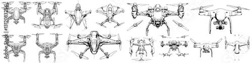 Detailed sketches of various drone designs showcasing features and perspectives for innovative aerial technology