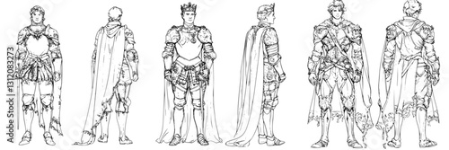 Detailed character sketches of knights in elaborate armor showcasing historical fantasy style
