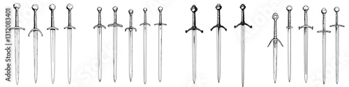 Collection of detailed sword illustrations showcasing various designs and styles from different historical periods