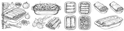 Collection of delicious enchiladas and ingredients set on a kitchen countertop ready for cooking a festive meal