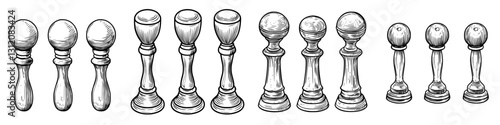 Classic wooden chess pieces lined up against a plain background showcasing their unique designs and craftsmanship