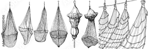 Various styles of hanging netted designs for storage displayed in an artistic arrangement