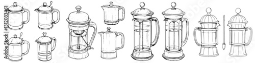 Multiple designs of French press coffee makers displayed in a linear arrangement for brewing enthusiasts and coffee lovers