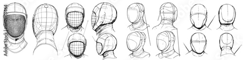 Different styles of fencing masks and protective gear illustrated in a variety of angles and designs