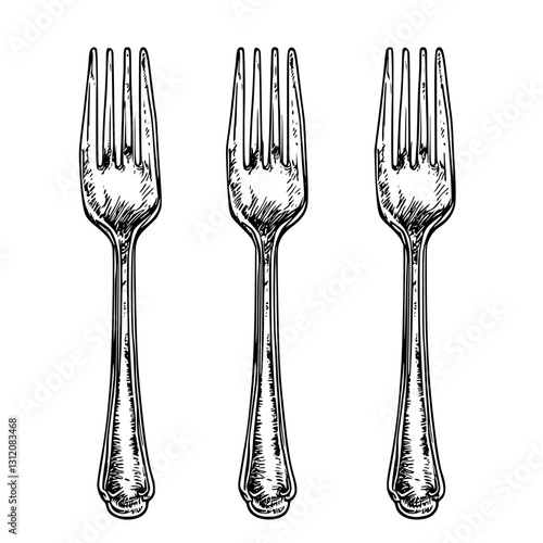 Multiple vintage-style forks arranged neatly on a white background for decorative purpose