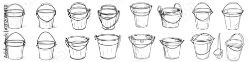 Different styles of buckets for various uses with handles and without, suitable for garden, construction, and cleaning tasks