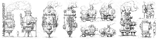 Unique collection of steampunk-style steam engines displayed in various designs and sizes