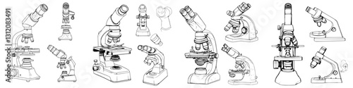 Various models of microscopes displayed in a detailed illustration capturing their unique designs and features in an educational setting
