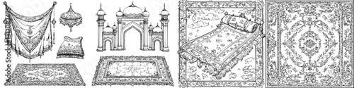Detailed illustrations of traditional rugs, textiles, and architectural elements showcasing cultural heritage and craftsmanship