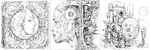 Intricate blend of human and robotic forms depicting connection between nature and technology
