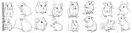 Collection of various cartoon-style mice illustrations showing different poses and expressions in a playful manner