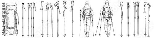 Hikers prepare for an adventure with trekking poles and backpacks in a wilderness setting