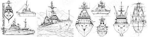 Detailed sketches and designs of various maritime vessels in an artistic arrangement