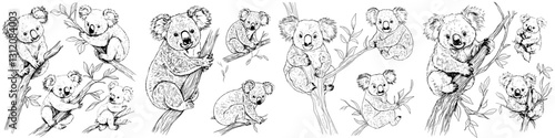 Koalas interacting in a natural habitat during daylight, showcasing various poses and activities among trees