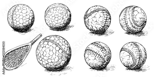 Variety of sports balls with a racquet displayed, showcasing different textures and designs during a creative artwork session
