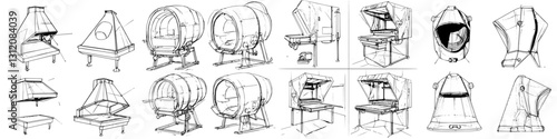 Detailed sketches of various industrial equipment layouts for design and engineering purposes
