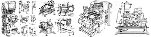 Detailed technical sketches of various industrial machinery used in manufacturing processes