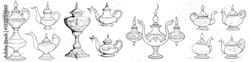 Various intricately designed teapots and kettles displayed in a vintage style showcasing artistic craftsmanship