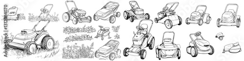 Collection of various lawn mowers in a garden setting showcasing different models and designs in black and white illustration