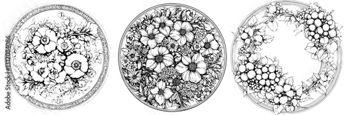 Floral designs featuring intricate line art of various flowers and plants in circular arrangements