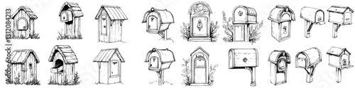 Unique designs of rustic mailboxes in various styles set against a white background showcasing craftsmanship and creativity