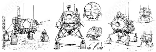 Lunar lander designs showcased with various angles and detailed features for space exploration mission planning