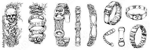 Unique collection of intricate jewelry designs featuring bracelets, skull motifs, and detailed engravings in a monochrome style