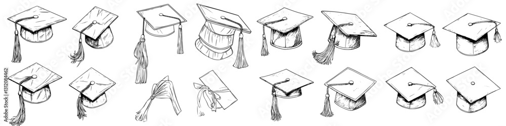 Graduation caps arranged in a creative layout showcasing various styles and designs in a minimalist setting Graduation caps arranged in a creative layout showcasing various styles and designs in a minimalist setting