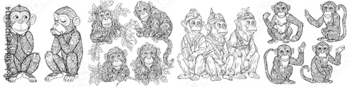 Detailed illustrations of various monkeys showcasing playful and curious poses in a natural setting