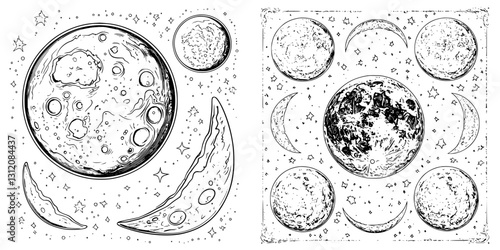 Exploration of celestial bodies with detailed moon phases and starry background