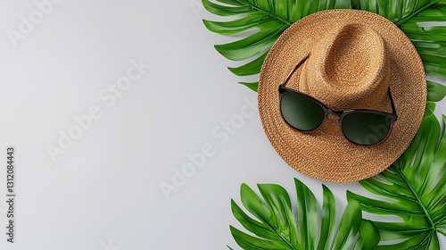 A vibrant summer scene featuring a straw hat and sunglasses arranged on a light background with lush green tropical leaves, evoking relaxation and vacation vibes.