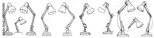 Creative sketch of various desk lamps arranged in playful poses showcasing unique designs and adjustable features