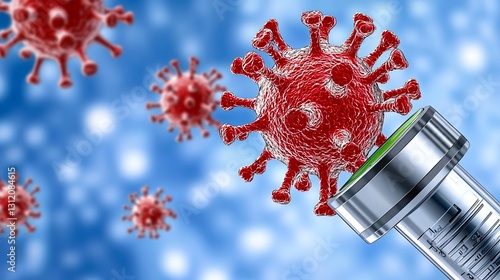 A detailed image showing a syringe poised to inject against vibrant red virus cells set against a gradient blue background illustrating themes of health and safety.