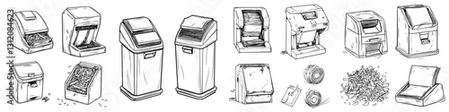 Various types of waste containers and shredders showcased in a clean and organized layout