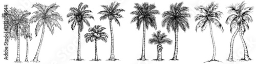 Stylized sketches of various palm trees on a white background depicting tropical vegetation and natural beauty